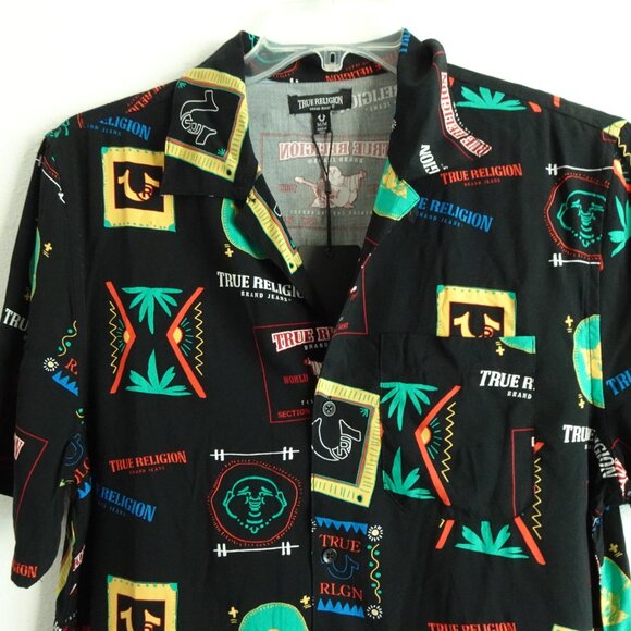 True Religion Button Up Shirt Men's Size M Black Resort Print Resortwear Camp - Picture 2 of 8